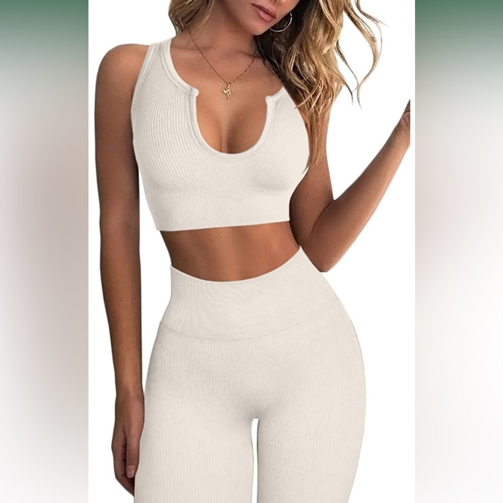 Ribbed seamless crop tank high waist leggings workout set - off white